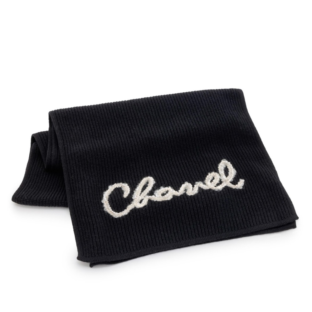 CHANEL NWT 100% Cashmere Black Stole Scarf. Hand Embroidered Pearl Logo - Picture 3 of 8